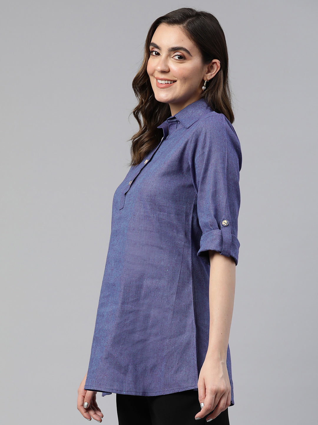 Cottinfab Roll-Up Sleeves Cotton Shirt Style Longline Top
