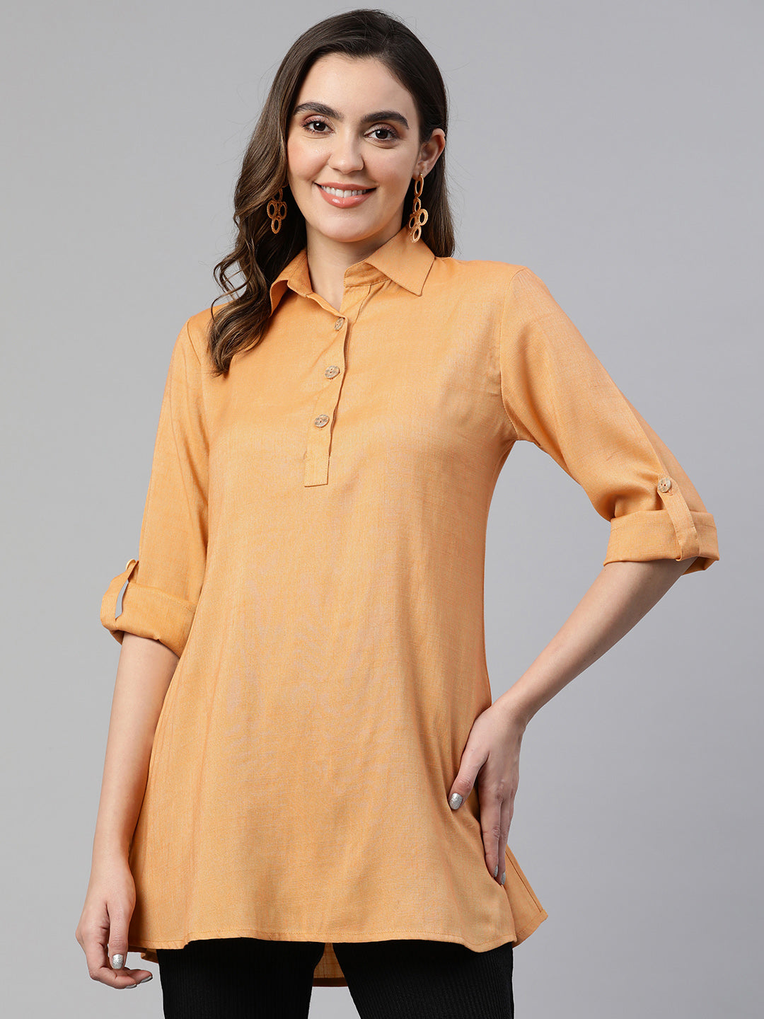 Cottinfab Roll-Up Sleeves Shirt Style Longline Top