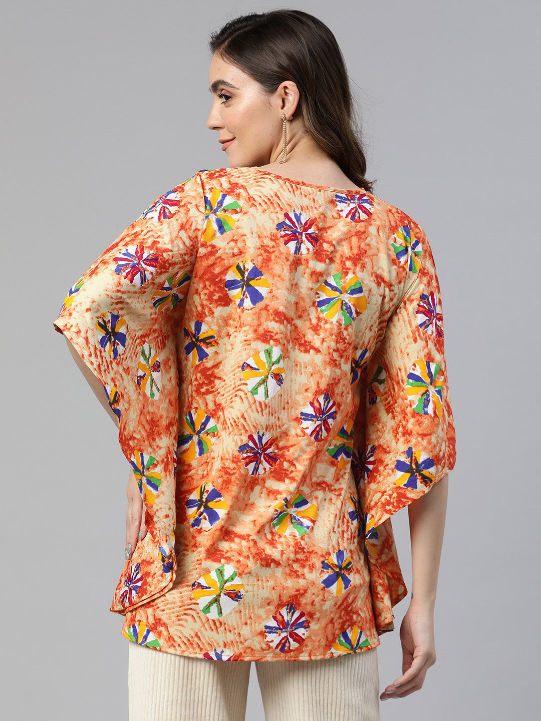 Cottinfab Geometric Print Kimono Sleeve Crepe Kaftan Longline Top