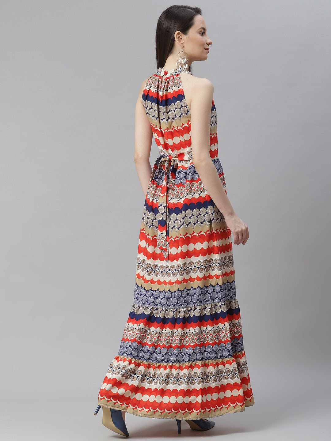 Multicoloured Halter Neck Crepe A-Line Maxi Dress