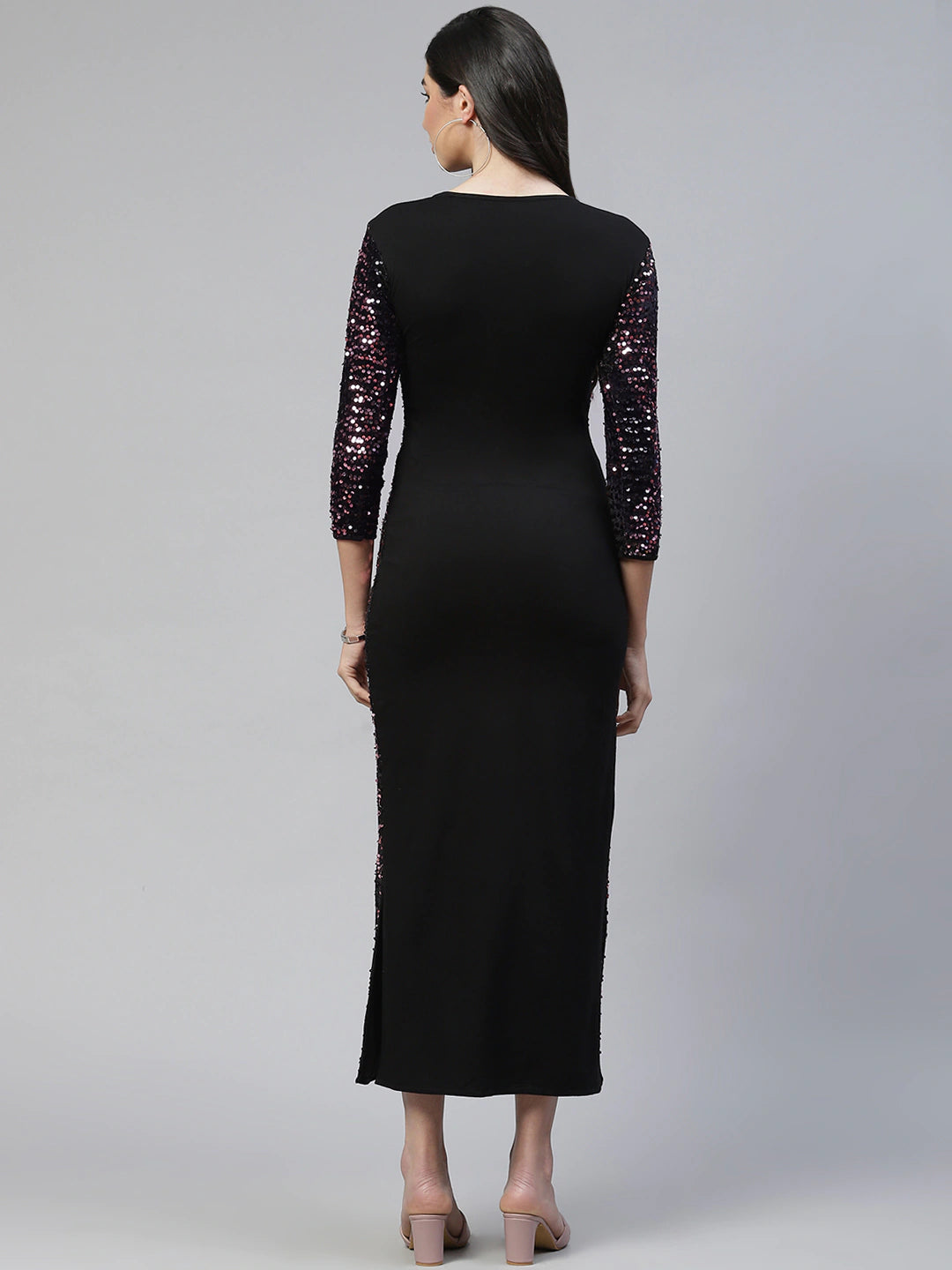 Cottinfab Black & Purple Sequined Sheath Midi Dress