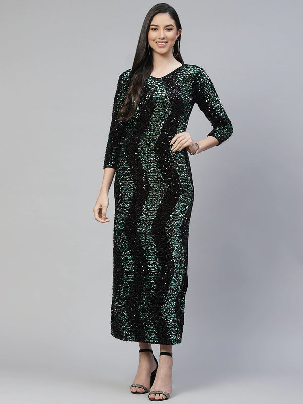 Cottinfab Black & Green Sequined Sheath Midi Dress with Slit Detail