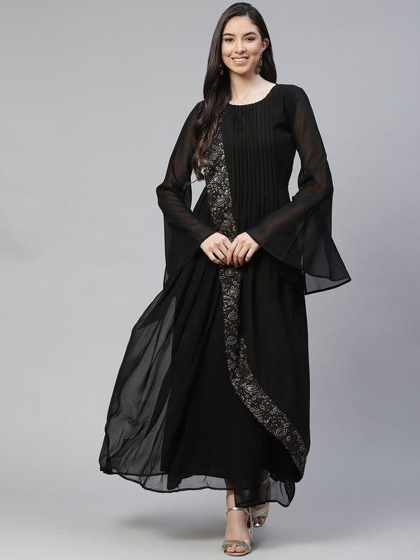 CottinfabBlack Ethnic Motifs Sequined A-Line Maxi Dress with Bell Sleeves