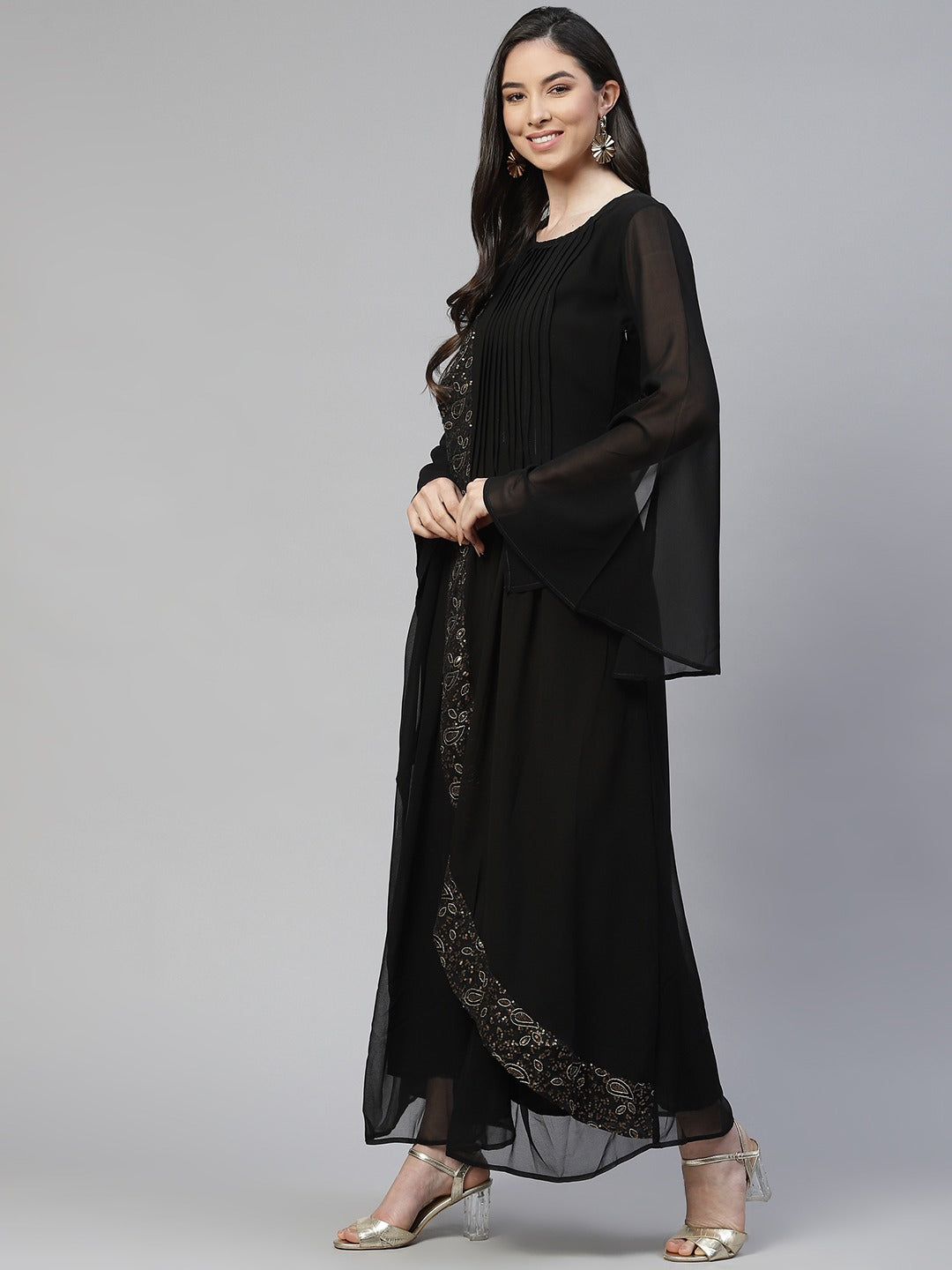 CottinfabBlack Ethnic Motifs Sequined A-Line Maxi Dress with Bell Sleeves