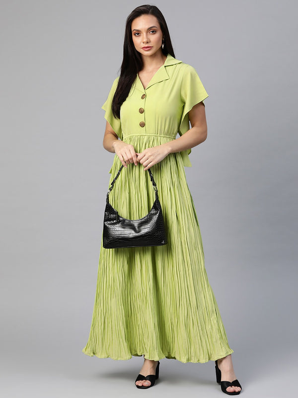 Green Solid Accordion Pleated Crepe Maxi Dress