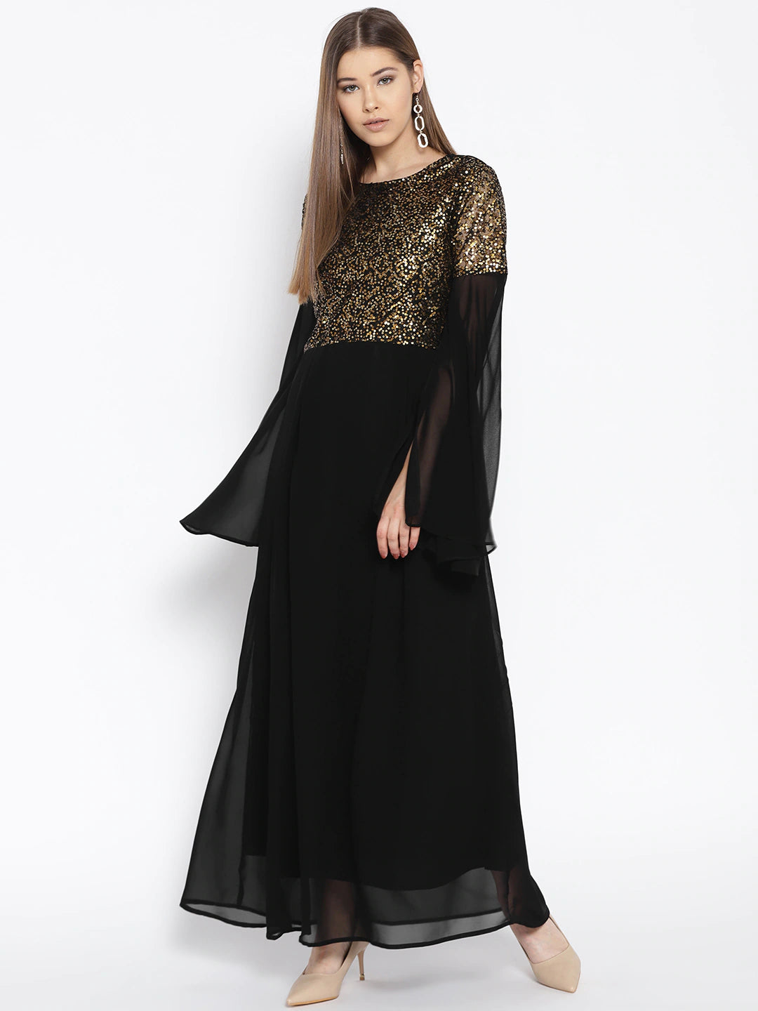 Cottinfab Black Sequinned Maxi Dress