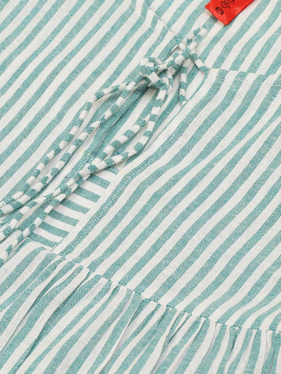 Cottinfab Women Sea Green & White Tie-Up Neck Striped A-Line Pure Cotton Top
