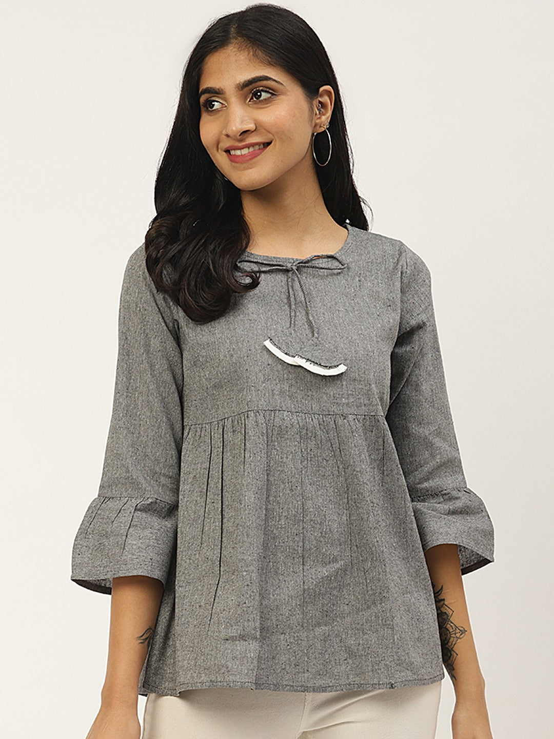 Cottinfab Grey Solid Tie-Up Neck Pleated A-Line Top