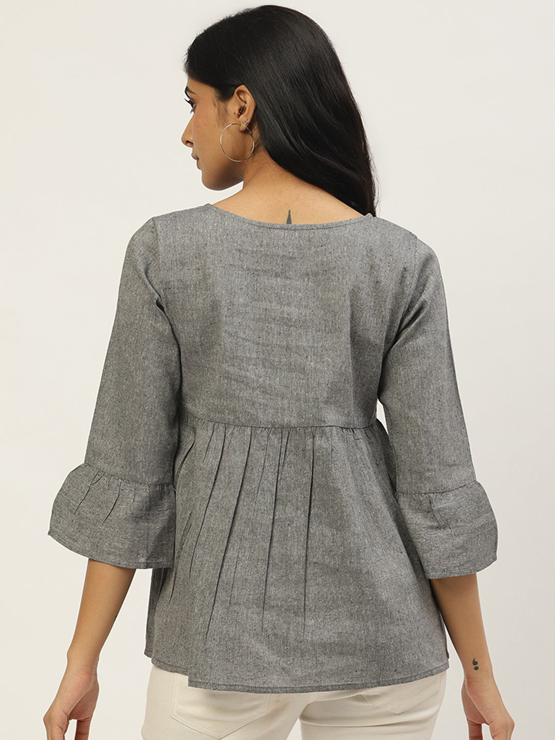 Cottinfab Grey Solid Tie-Up Neck Pleated A-Line Top