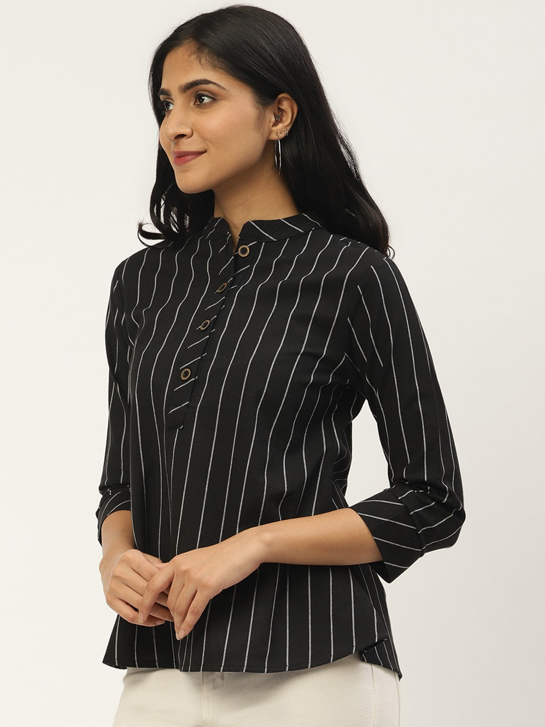 Cottinfab Women Black & White Striped Shirt Style Pure Cotton Top