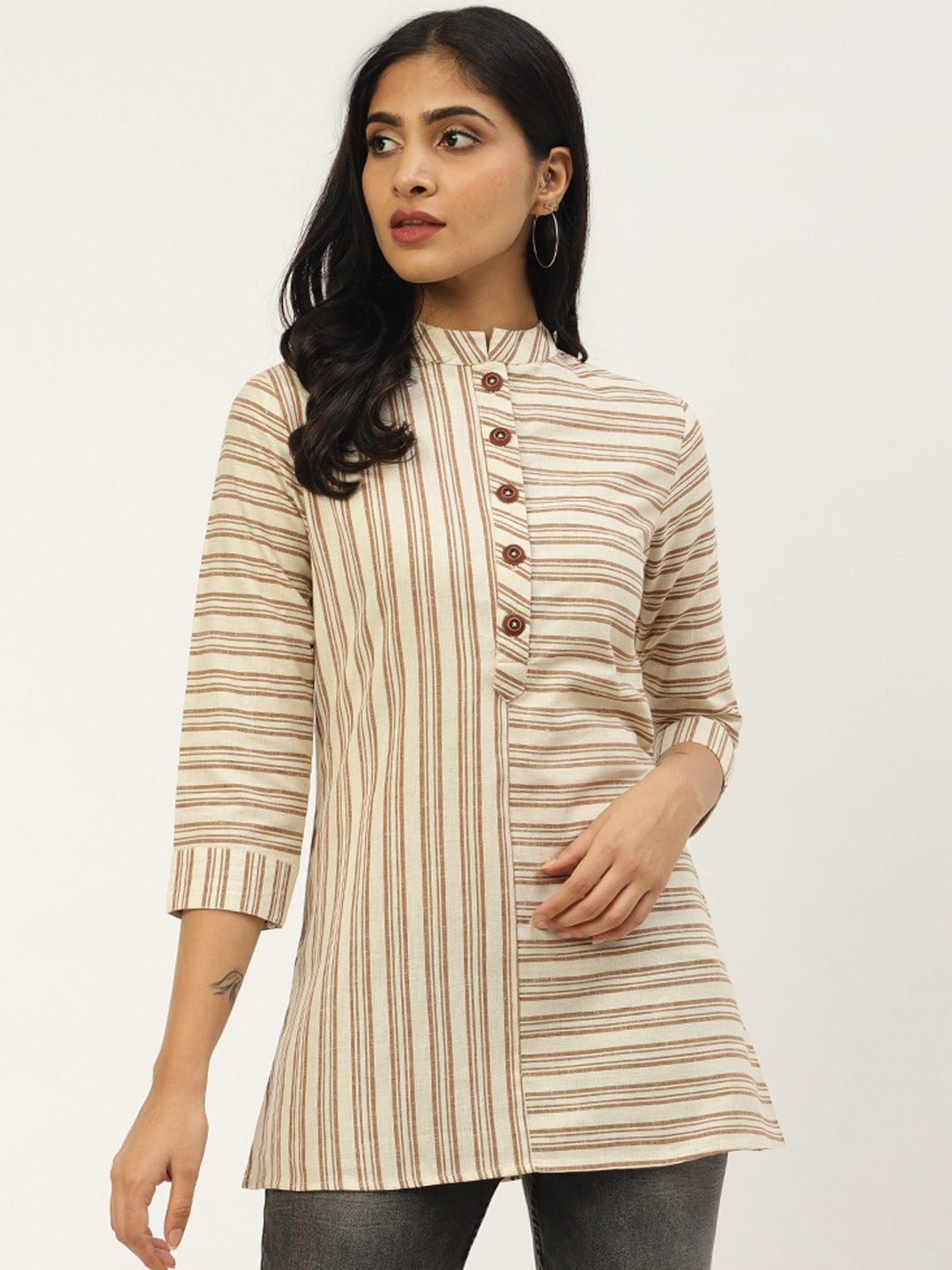 Cottinfab Women Brown & Off-White Striped Tunic