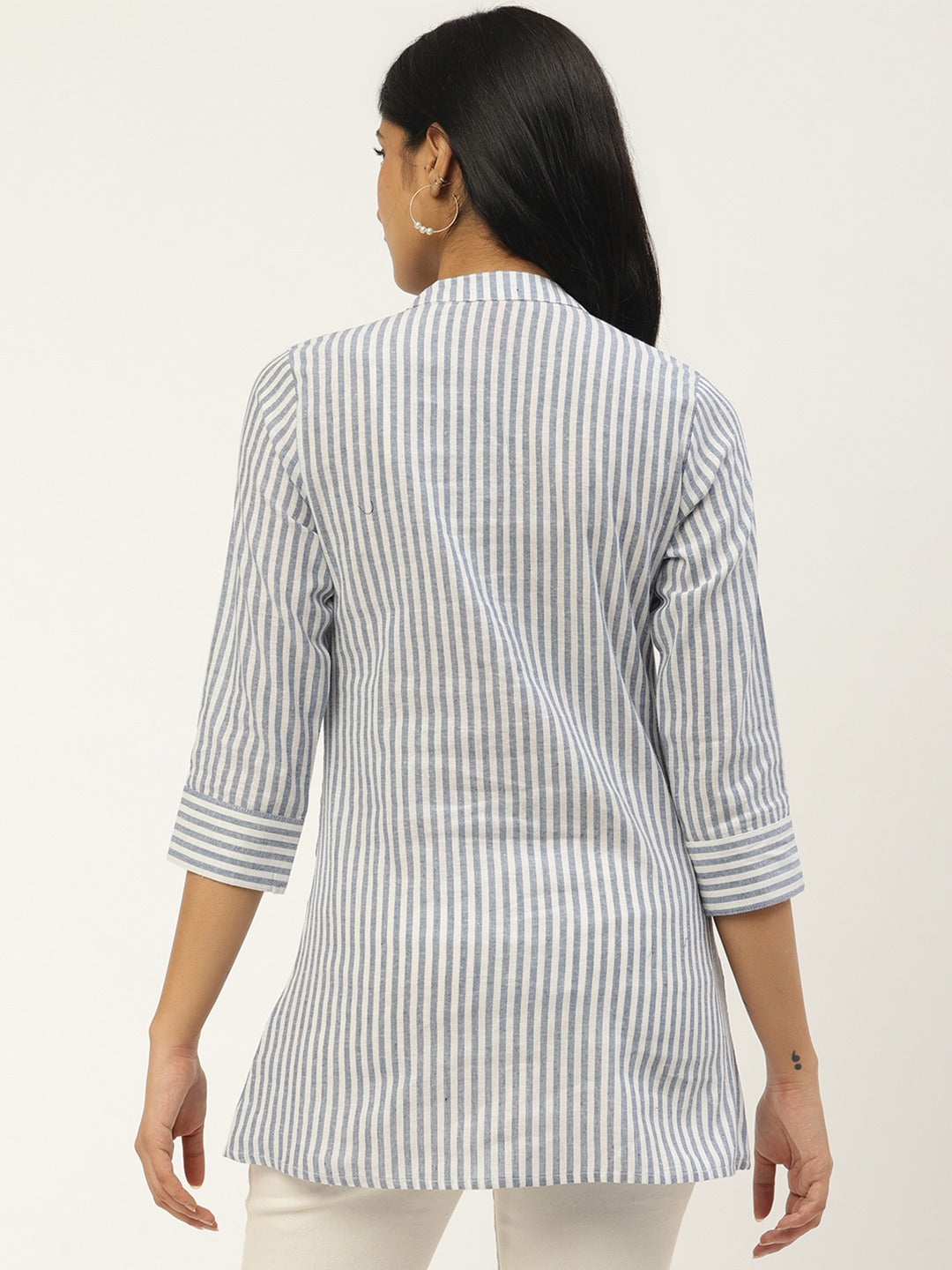 Cottinfab Women Navy Blue & White Striped Longline Pure Cotton Top