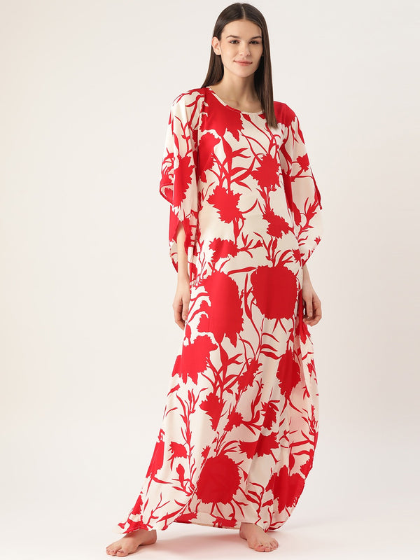 Cottinfab Red & White Maxi Printed Kaftan Style Nightdress