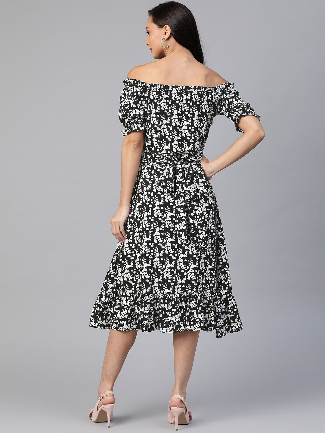 Cottinfab Black & White Floral Print Off-Shoulder A-Line Midi Dress