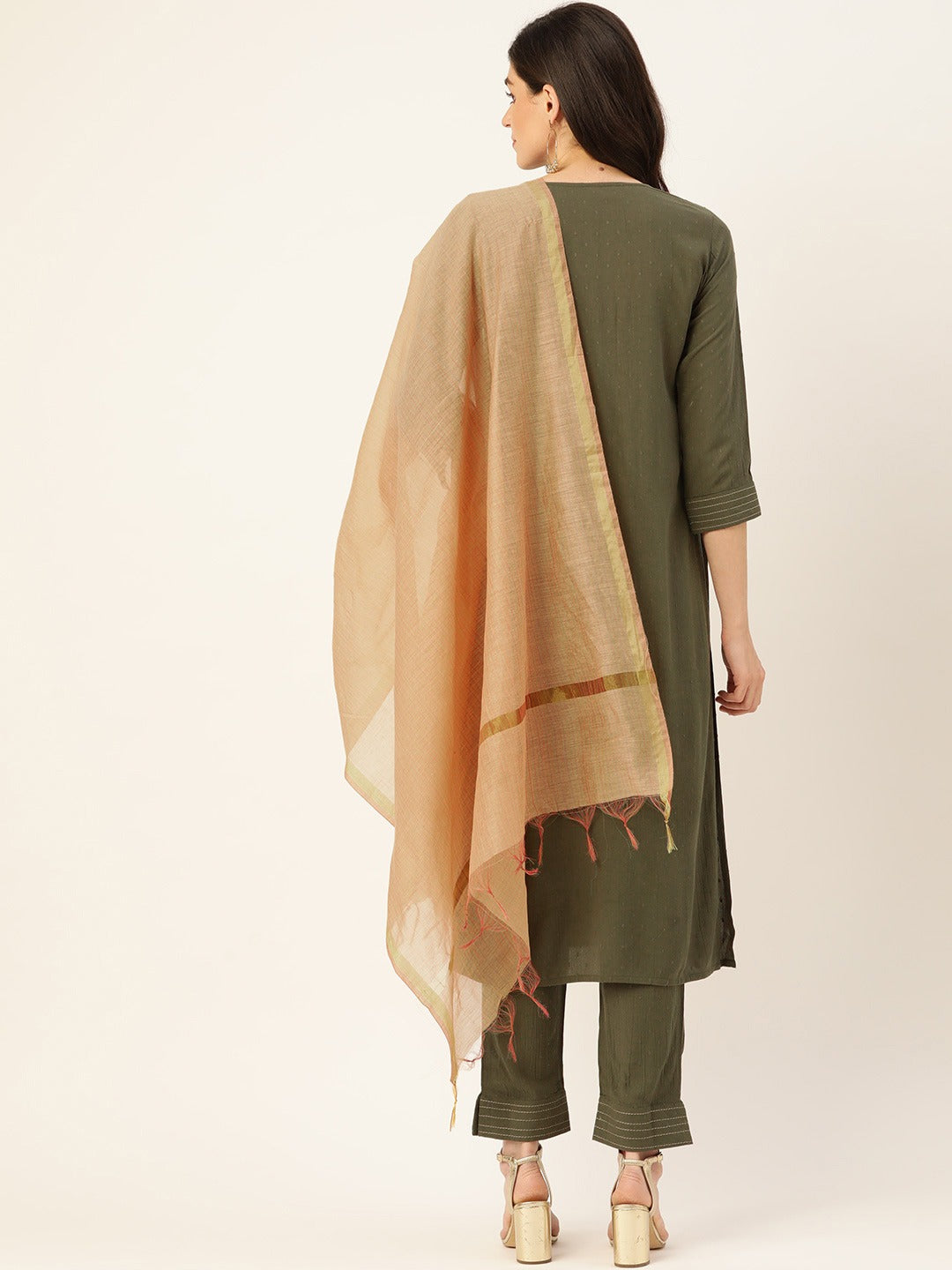Cottinfab Women Olive Green & Cream-Coloured Self Design Kurta with Trousers & Dupatta