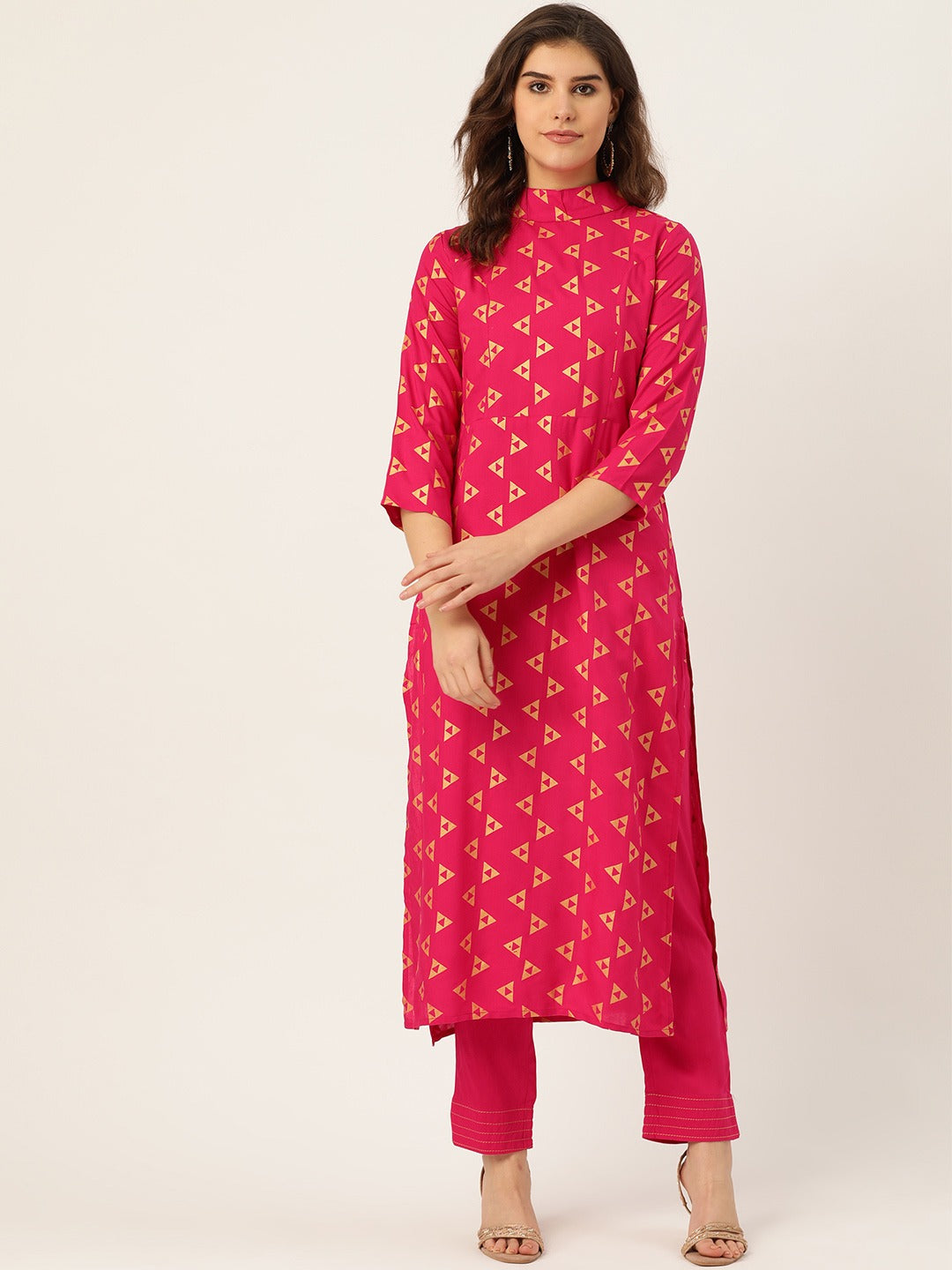 Cottinfab Women Magenta & Golden Printed Kurta with Trousers