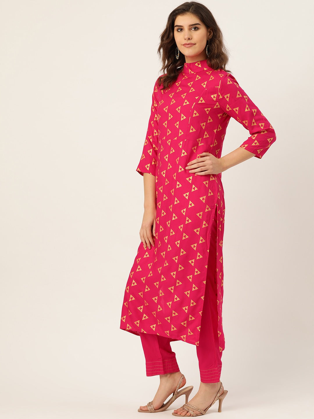 Cottinfab Women Magenta & Golden Printed Kurta with Trousers