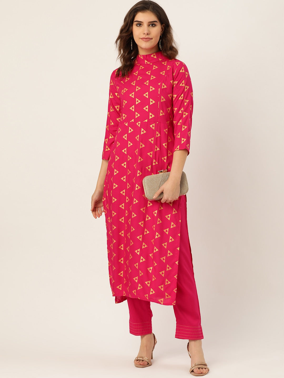 Cottinfab Women Magenta & Golden Printed Kurta with Trousers