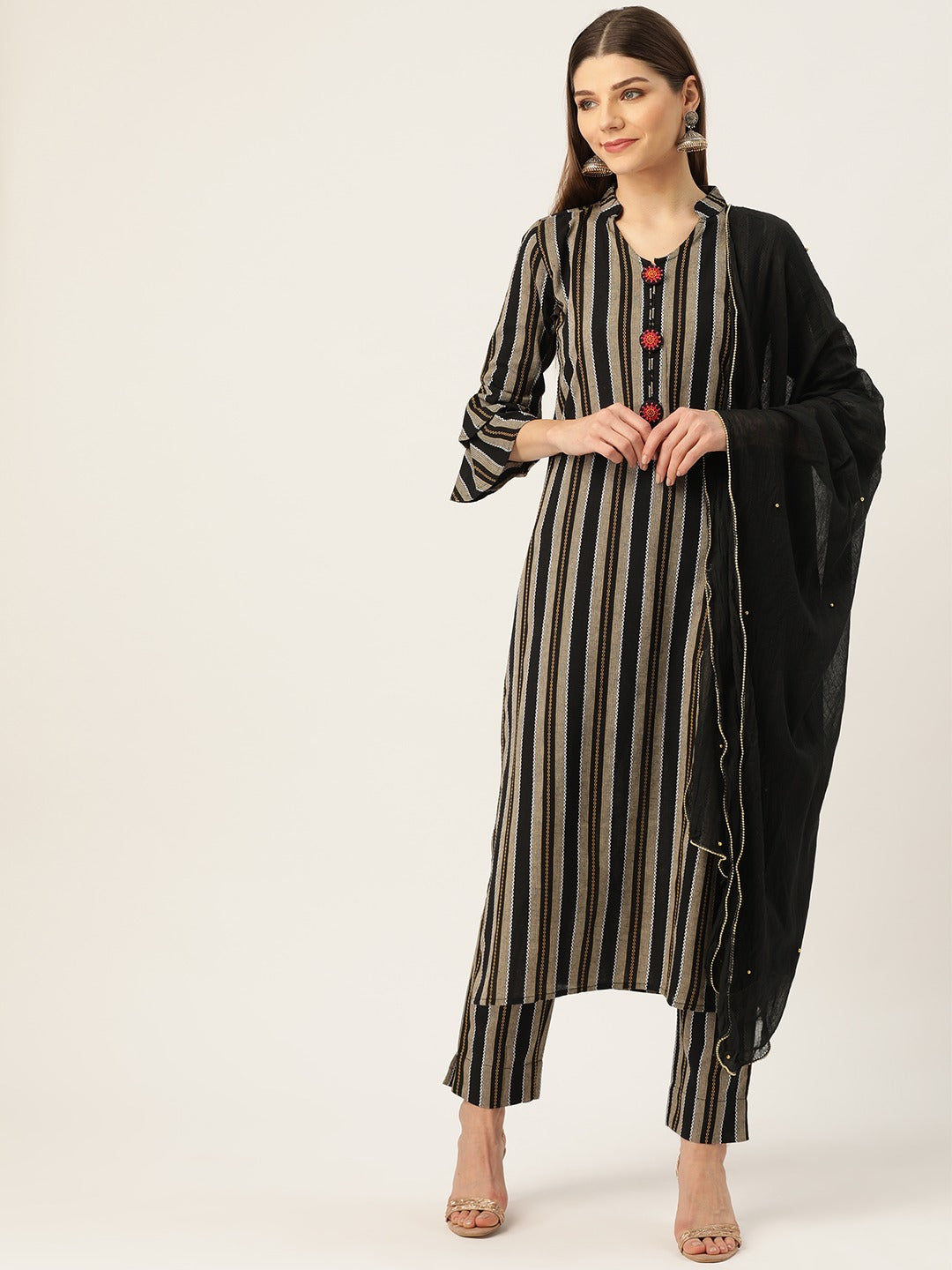 Cottinfab Women Black & Beige Self Striped Pure Cotton Kurta with Trousers & Dupatta