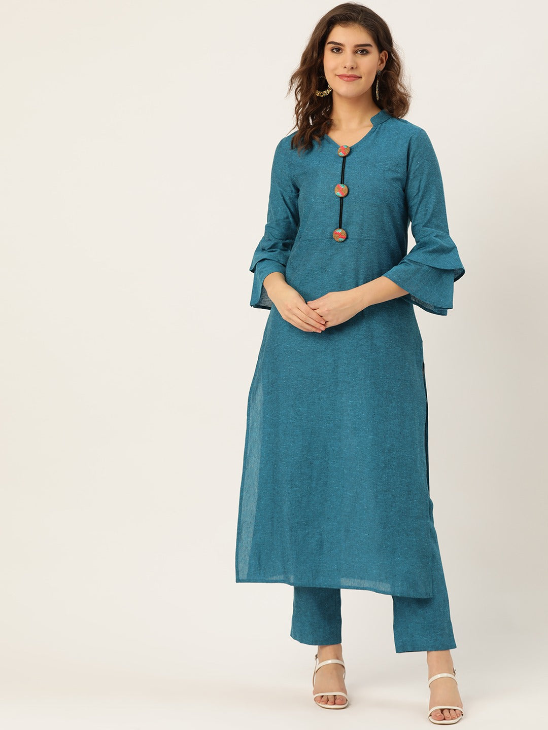 Cottinfab Women Teal Blue Cotton Solid Kurta with Trousers