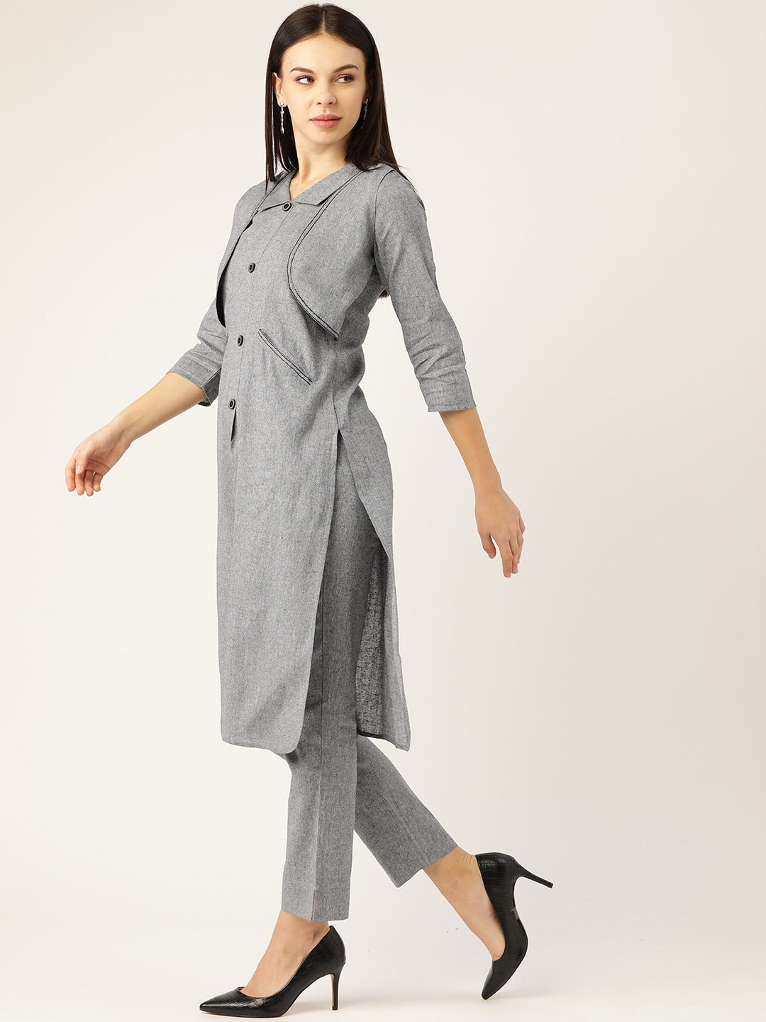 Cottinfab Women Grey Solid Pure Cotton Kurta & Trousers with Attached Jacket