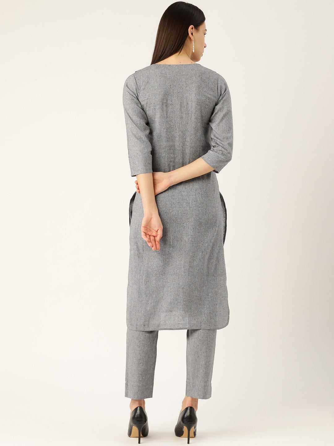 Cottinfab Women Grey Solid Pure Cotton Kurta & Trousers with Attached Jacket