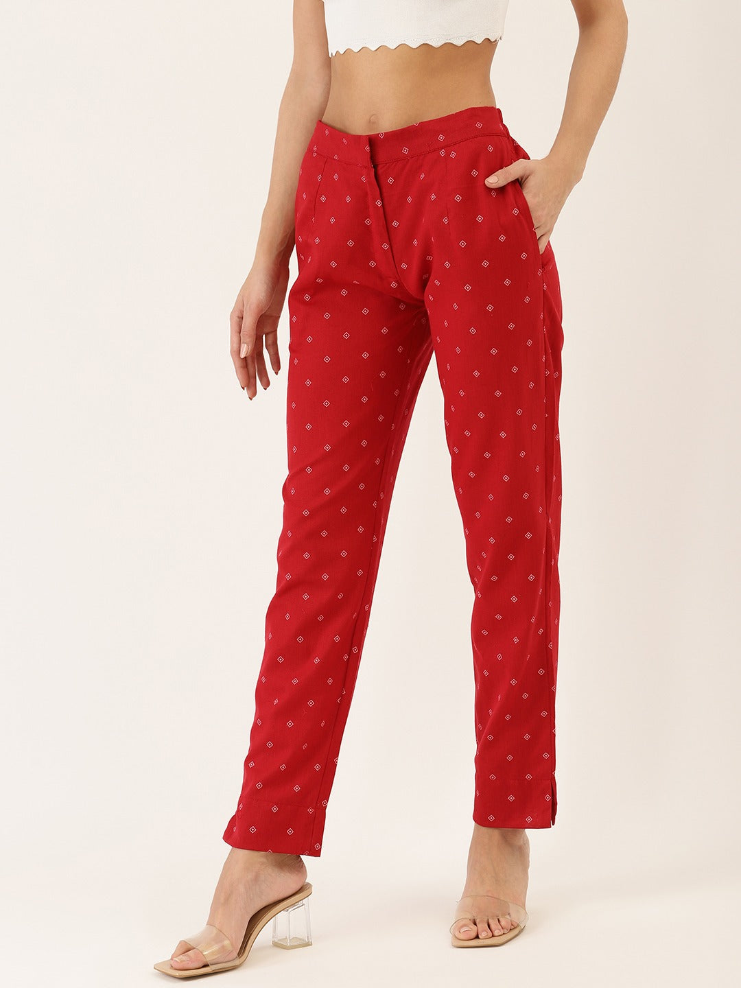 Cottinfab Women Red Straight Fit Printed Cigarette Trousers