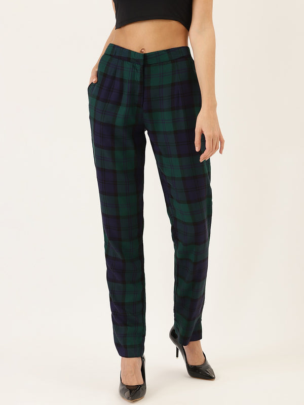 Cottinfab Women Green Straight Fit Checked Regular Trousers