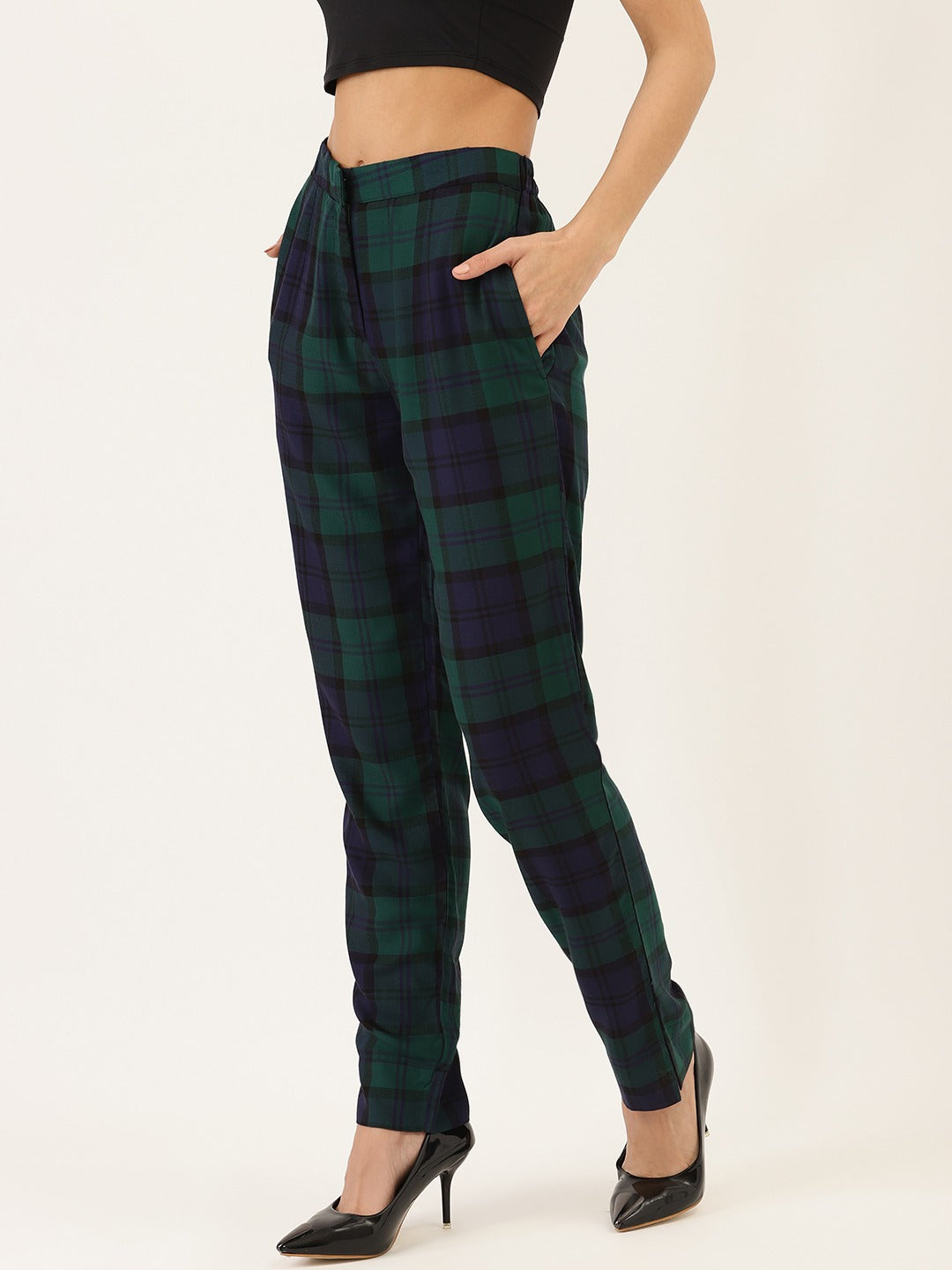 Cottinfab Women Green Straight Fit Checked Regular Trousers