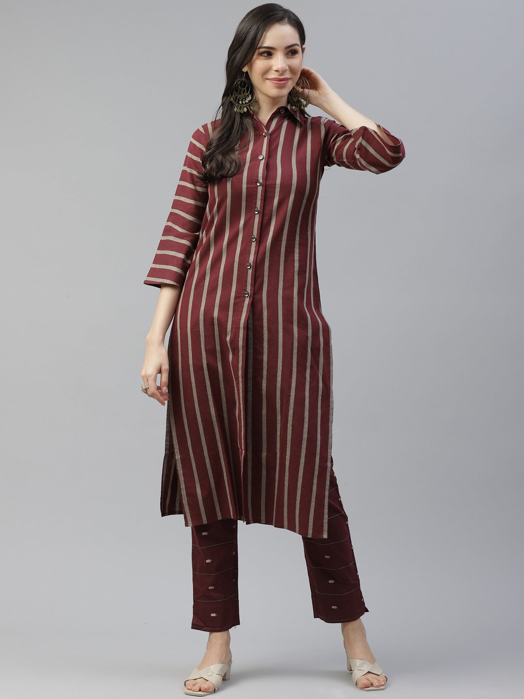 Cottinfab Women Maroon Striped Pure Cotton Kurta with Trousers