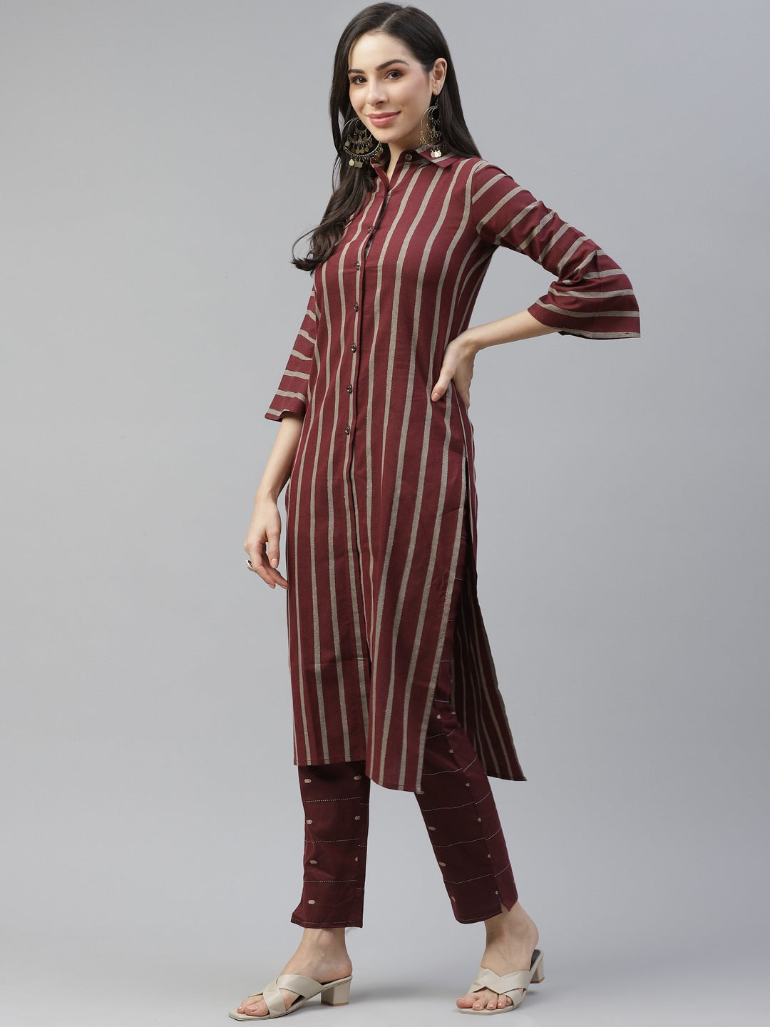 Cottinfab Women Maroon Striped Pure Cotton Kurta with Trousers