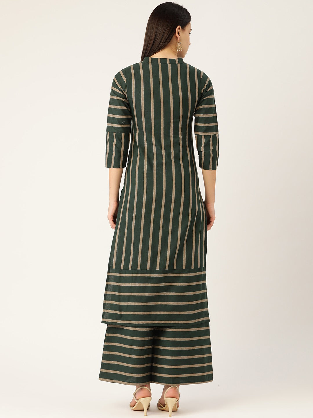 Cottinfab Women Green & Taupe Striped Kurta with Palazzos with Shimmer Detail