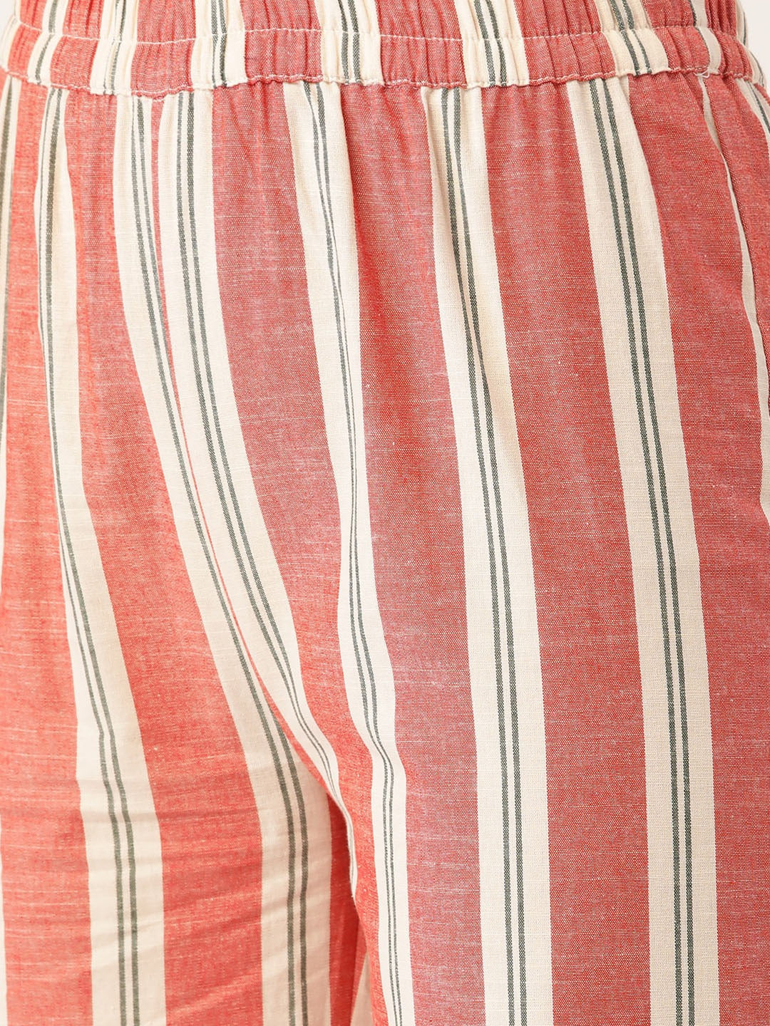 Cottinfab Women Coral Pink & Off-White Striped Kurta with Trousers