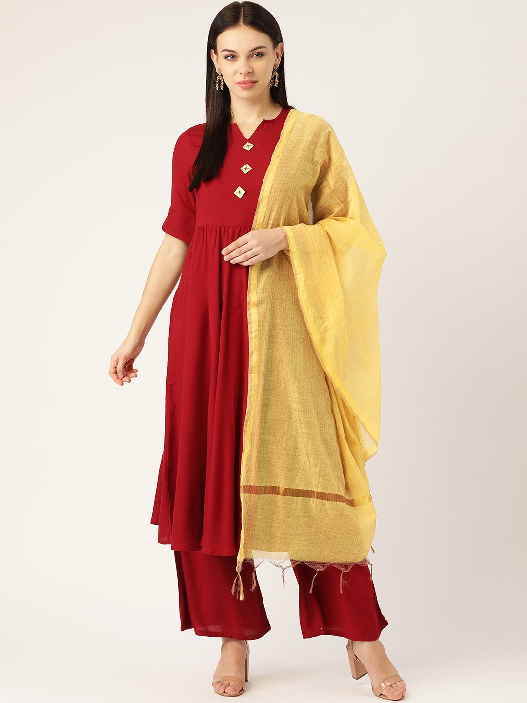 Cottinfab Women Maroon & Yellow Solid Kurta with Palazzos & Dupatta