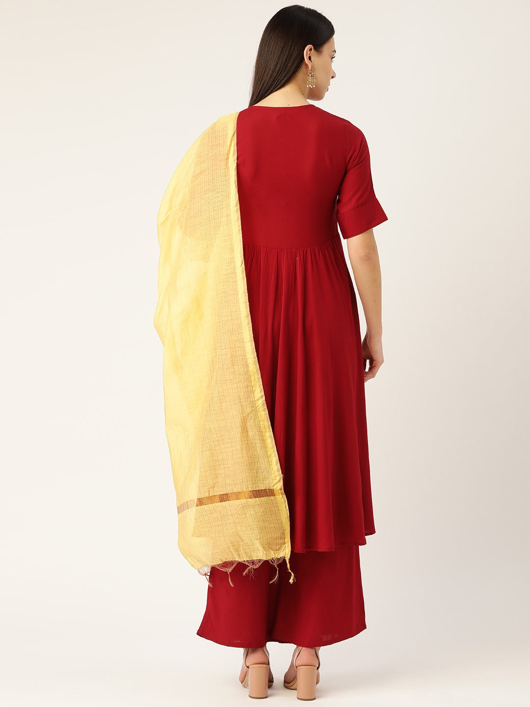 Cottinfab Women Maroon & Yellow Solid Kurta with Palazzos & Dupatta