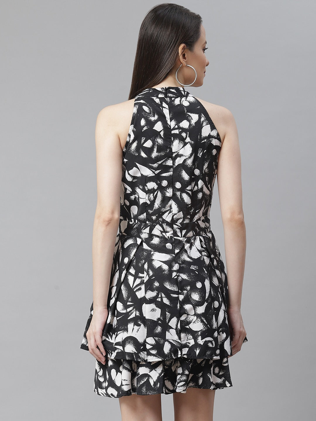 Cottinfab Black & White Halter Neck Layered Crepe Mini Dress