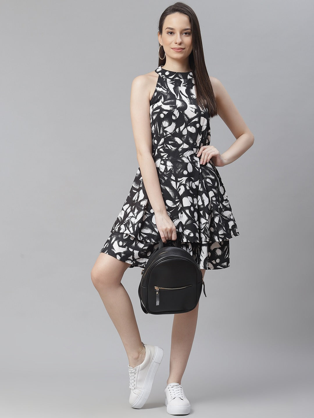 Cottinfab Black & White Halter Neck Layered Crepe Mini Dress