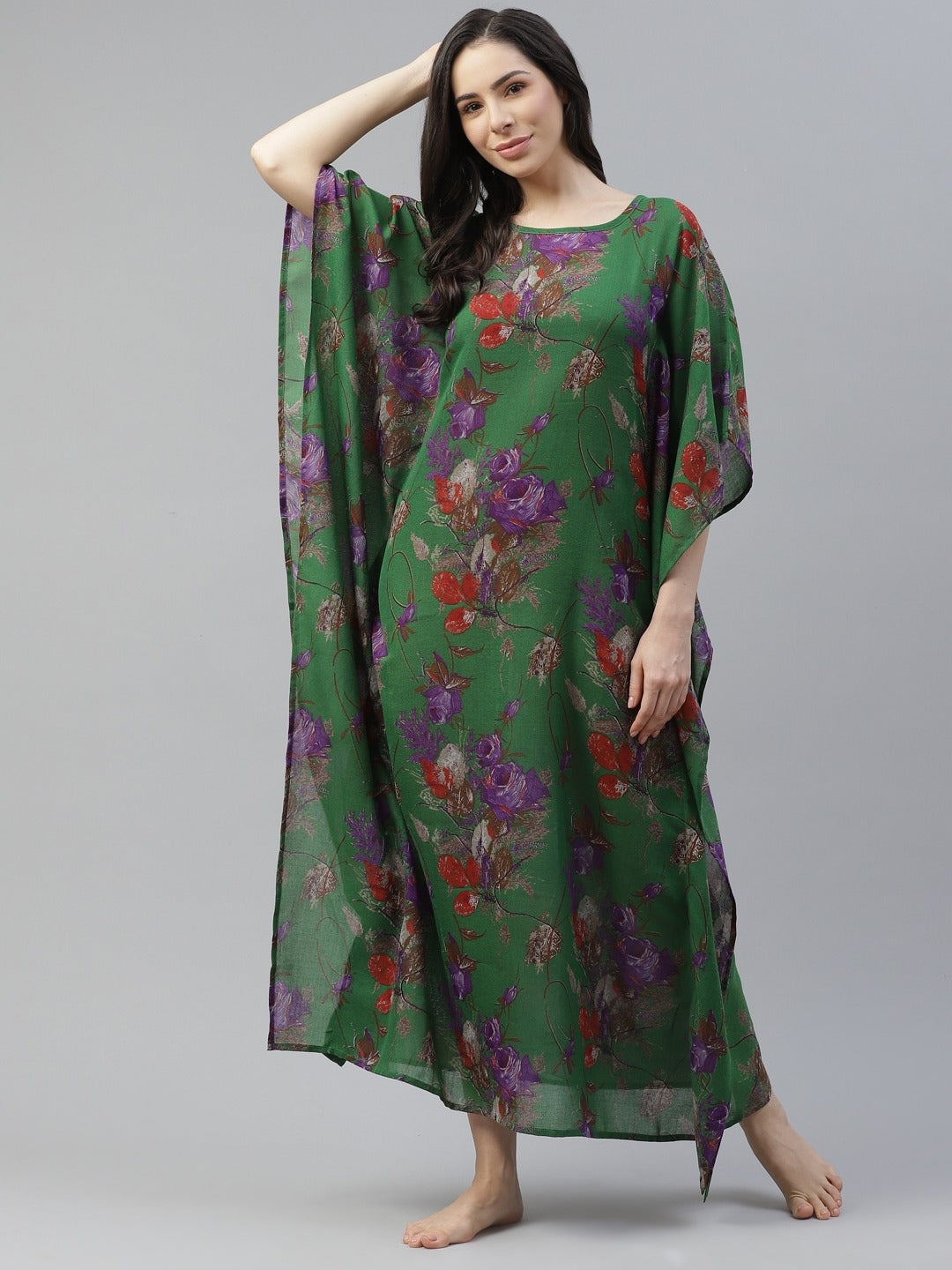Cottinfab Green & Purple Printed Kimono Maxi Nightdress