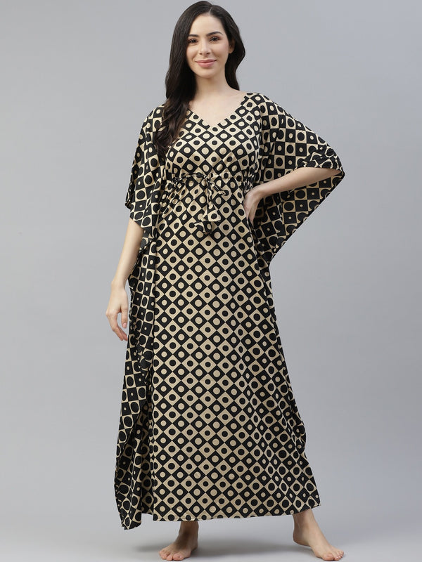 Cottinfab Beige & Black Printed Kimono Maxi Nightdress