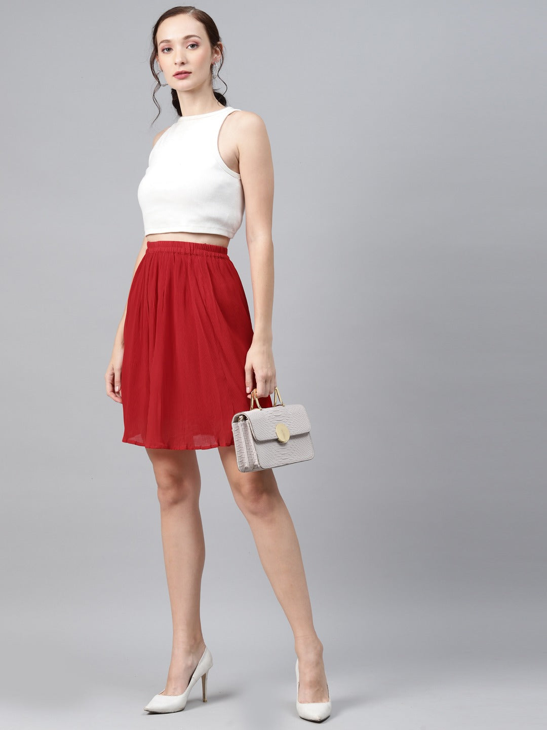 Cottinfab Women Red Solid Plisse Flared Skirt