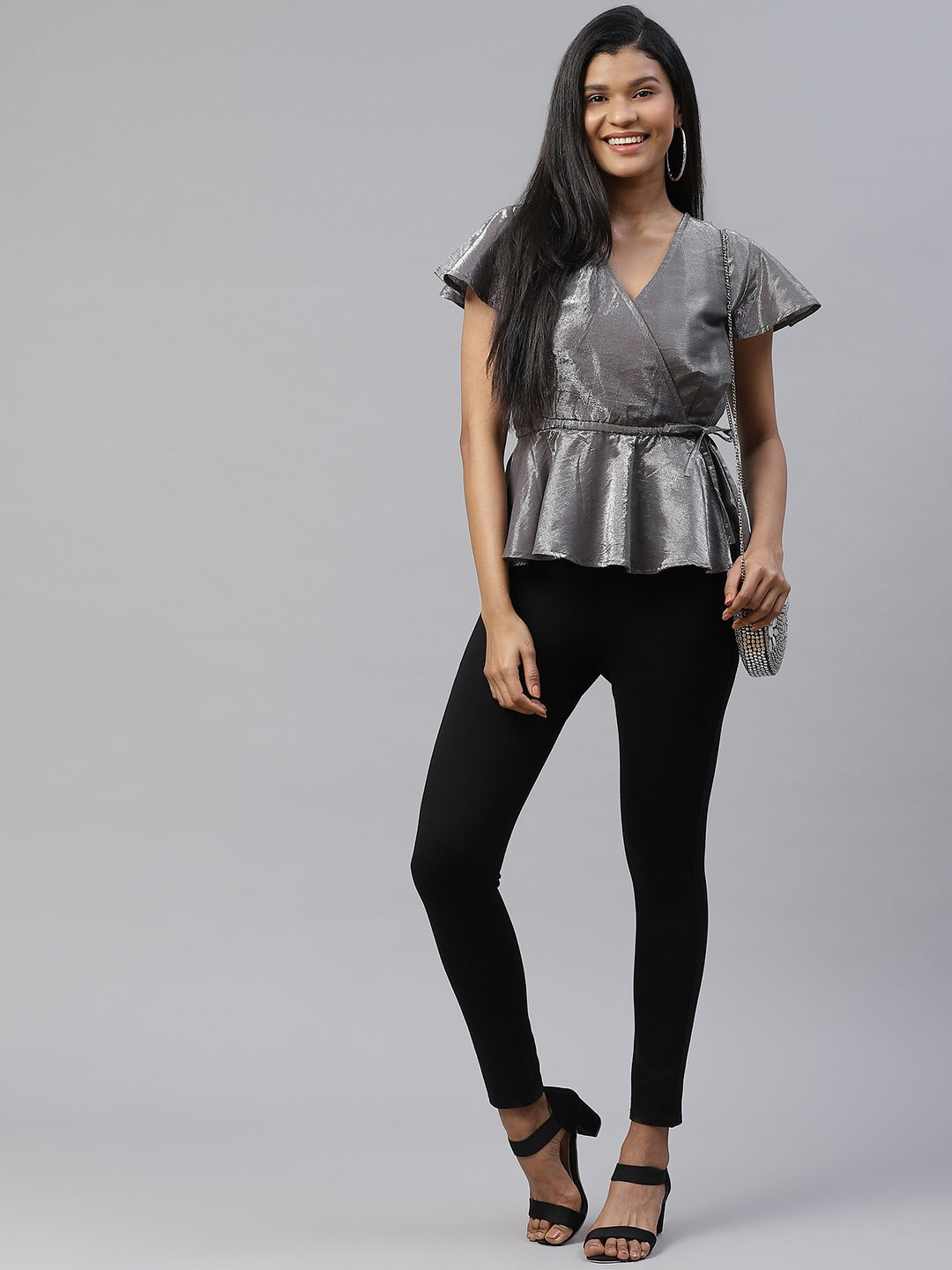 Cottinfab Silver Sheen Effect Solid Flared Sleeves Wrap Top