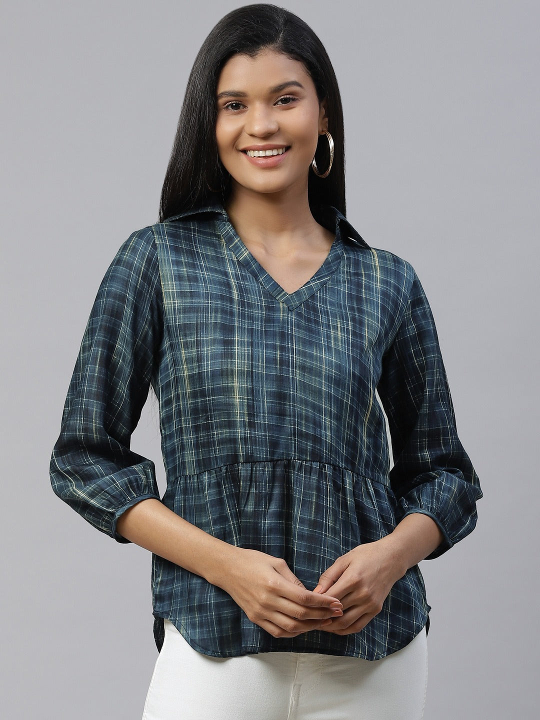 Cottinfab Teal Blue Checked Puff Sleeves Shirt Style Top