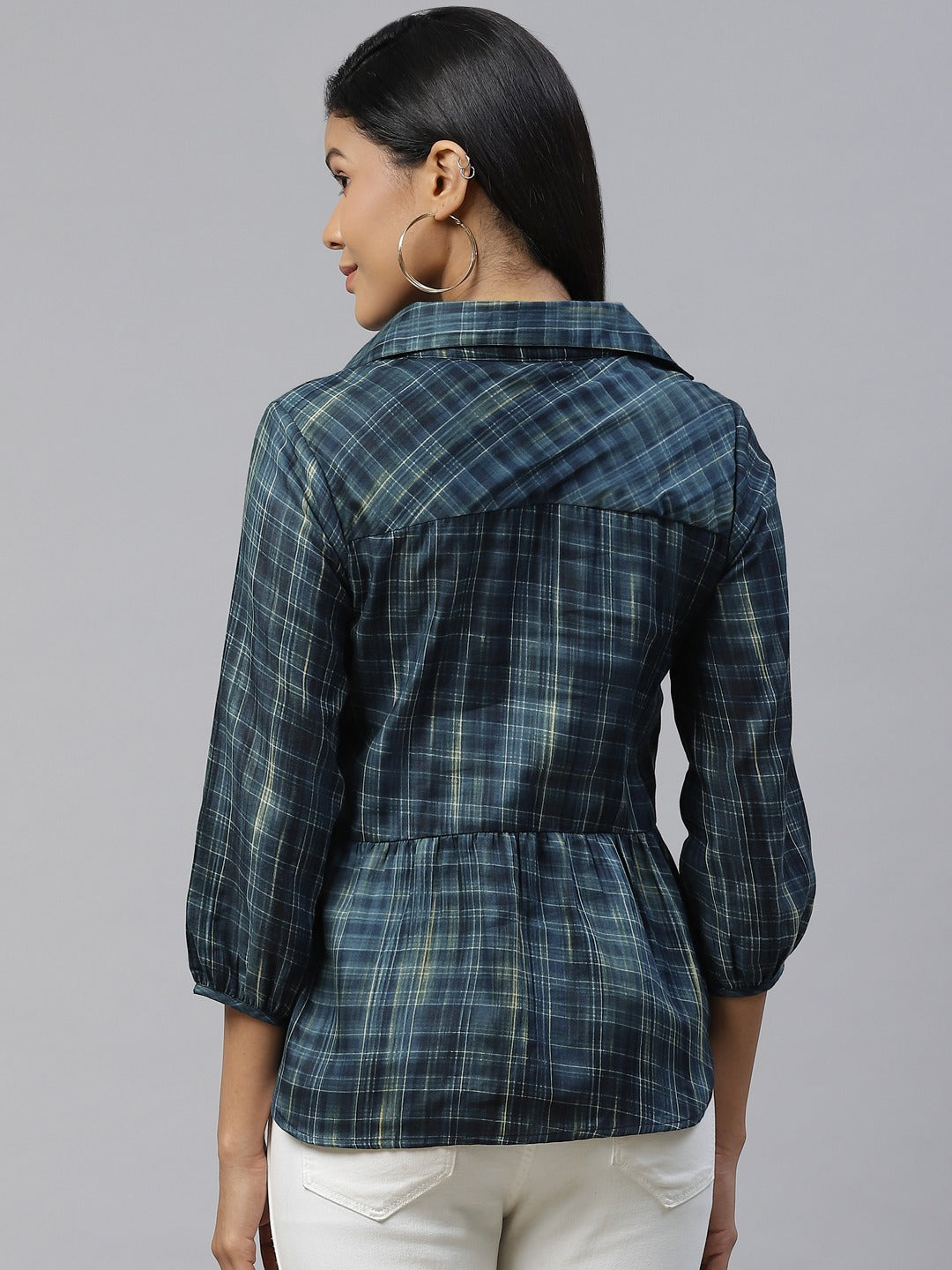 Cottinfab Teal Blue Checked Puff Sleeves Shirt Style Top