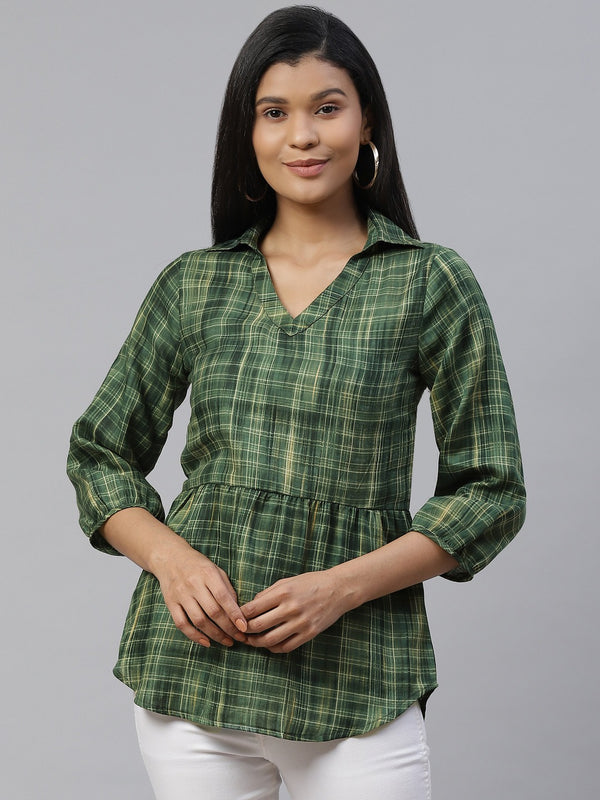 Cottinfab Women Green & Beige Checked Puff Sleeves Shirt Style Top