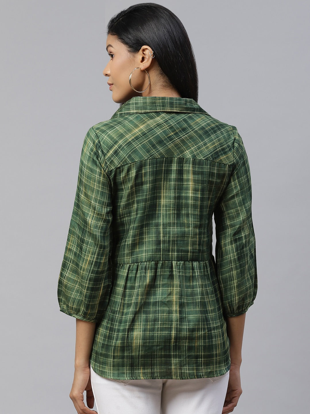Cottinfab Women Green & Beige Checked Puff Sleeves Shirt Style Top