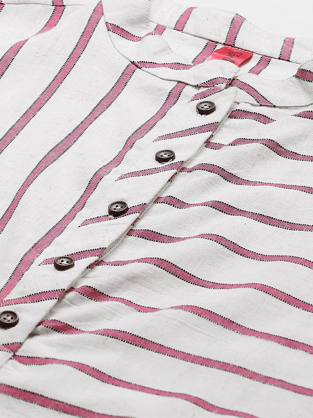 Cottinfab Off White & Pink Striped Mandarin Collar Pure Cotton A-Line Longline Top