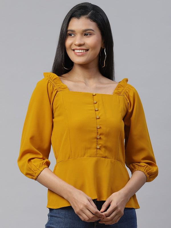 Cottinfab Women Mustard Yellow Puff Sleeves Peplum Top