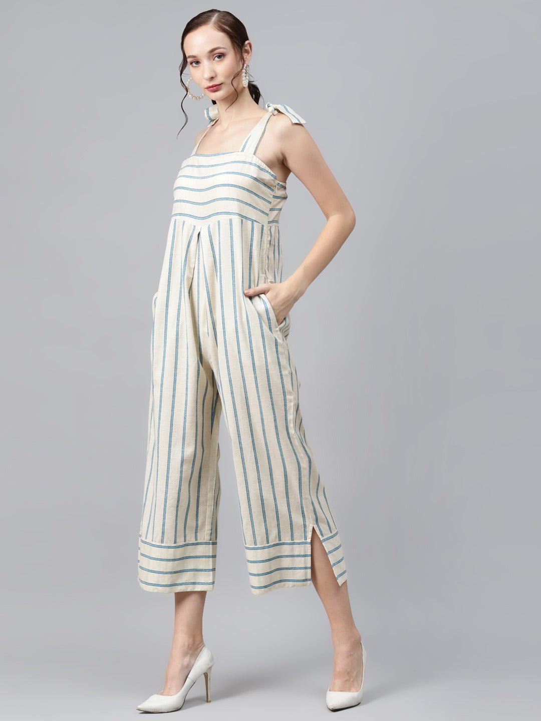 Cottinfab Off White & Blue Striped Cotton Pleated Culotte Jumpsuit