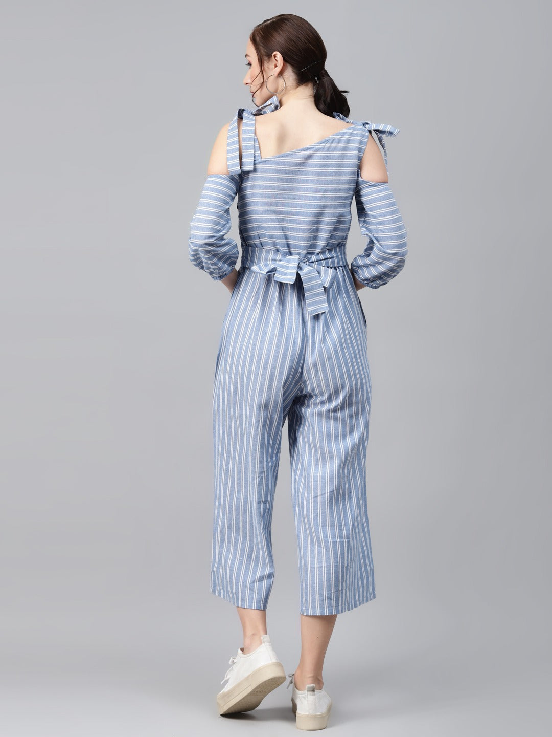 Cottinfab Blue & White Cotton Striped Cropped Jumpsuit