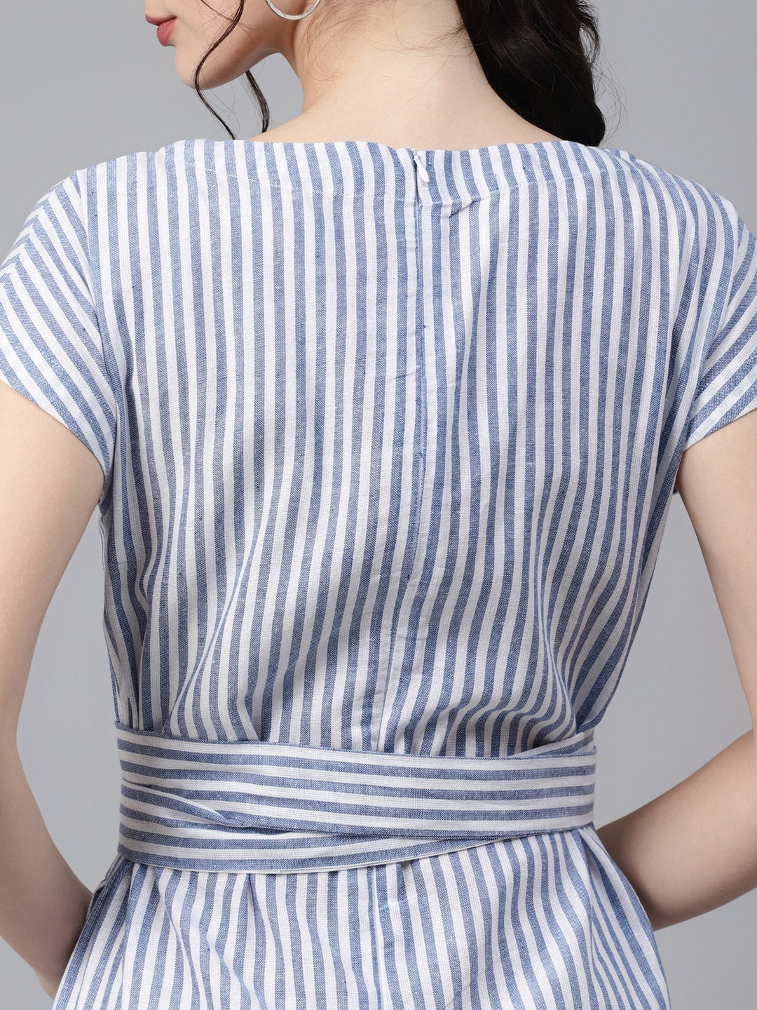 Cottinfab Blue & White Striped Cotton Culotte Jumpsuit with Belt
